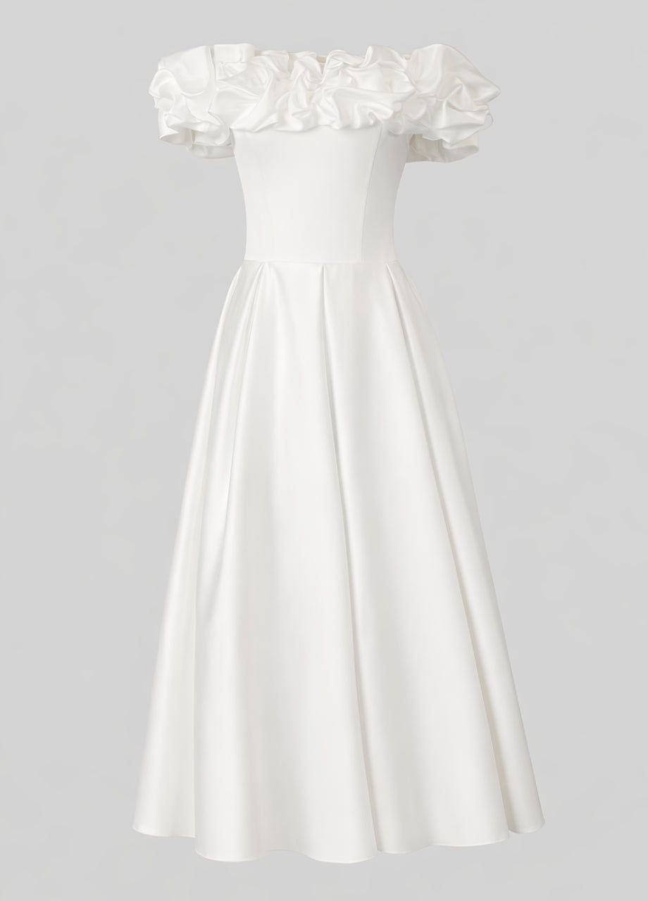 Aurelia Satin Off Shoulder Midi Dress, engagement dress for female, engagement party dress