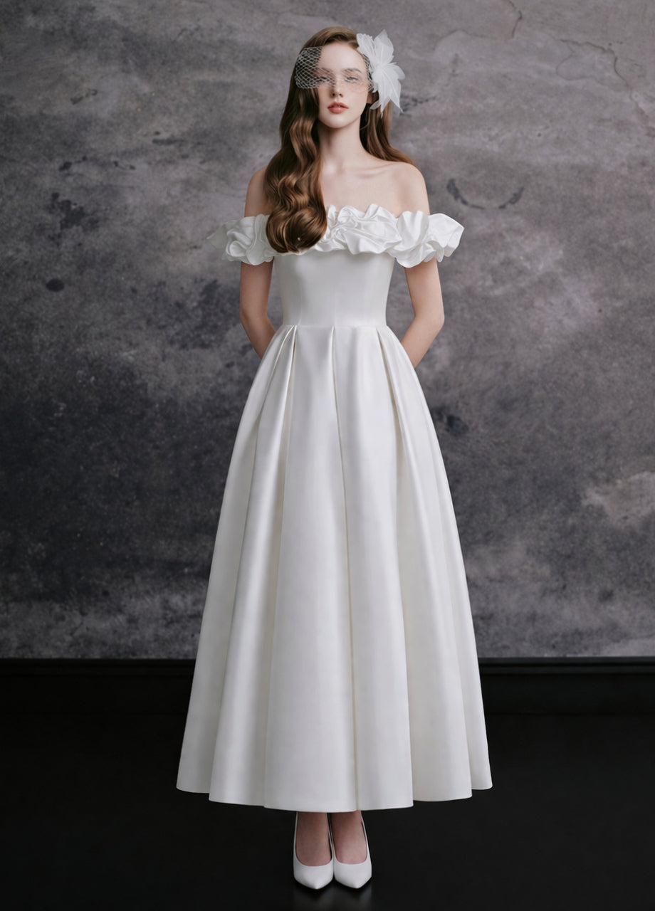 White Engagement Dress, Aurelia Satin Off Shoulder Midi Dress, engagement dress, engagement dress for ladies​