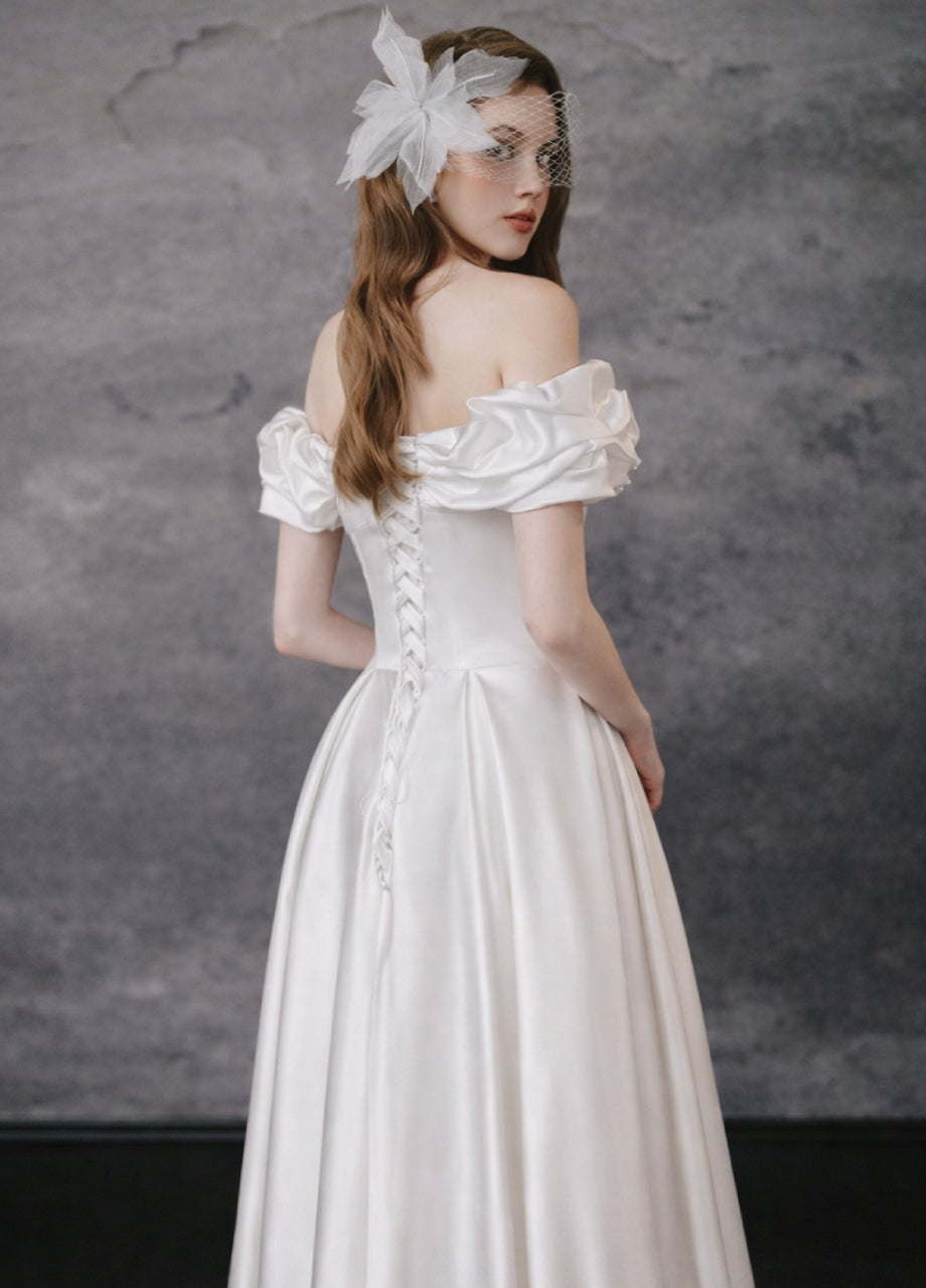 White Engagement Dress, Aurelia Satin Off Shoulder Midi Dress, engagement dress, engagement dress for ladies​