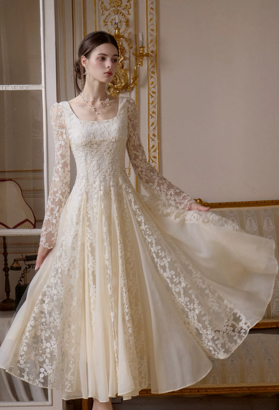 Austen Ivory Floral Lace Long-Sleeve Midi Dress, ivory color wedding dress​, ivory dress for wedding