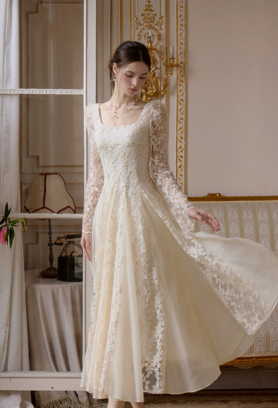 Austen Ivory Floral Lace Long-Sleeve Midi Dress, engagement dress for ladies​, engagement dress​, engagement party dress