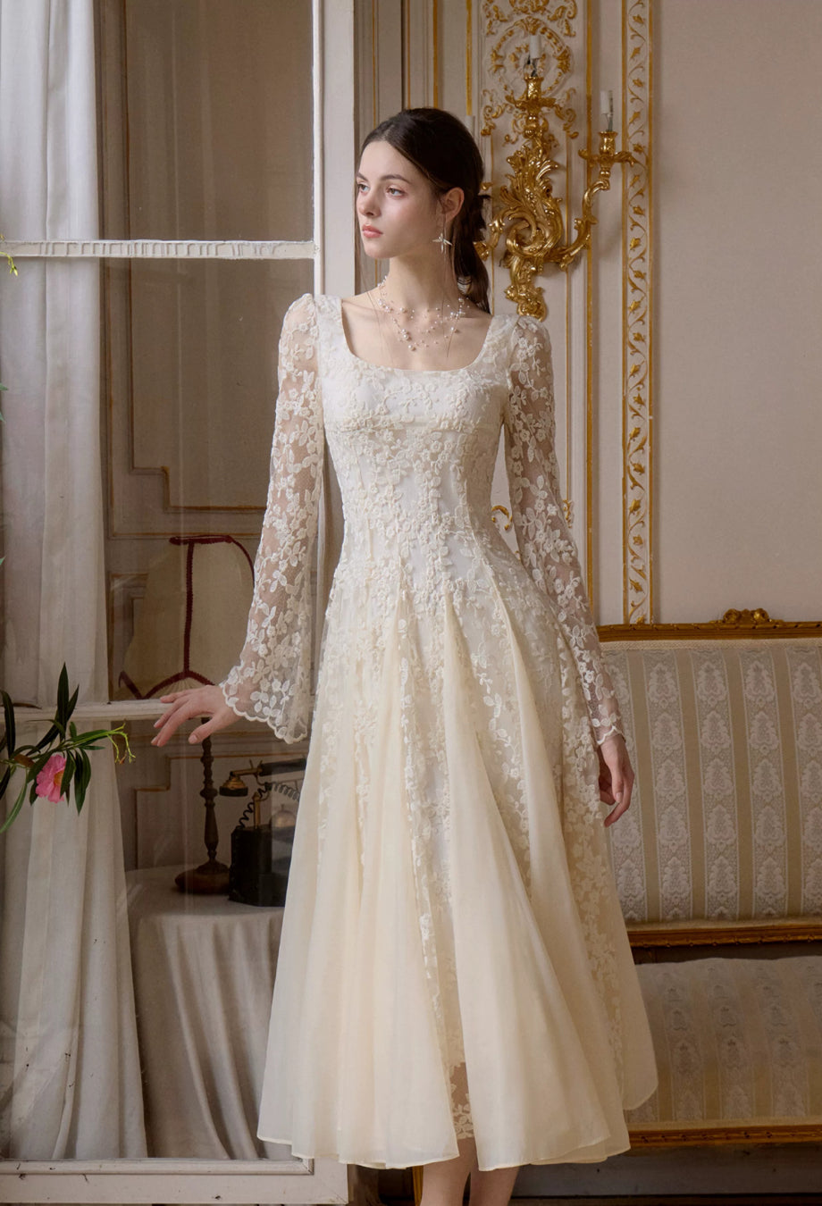 Austen Ivory Floral Lace Long-Sleeve Midi Dress, engagement dress for ladies​, engagement dress​, engagement party dress