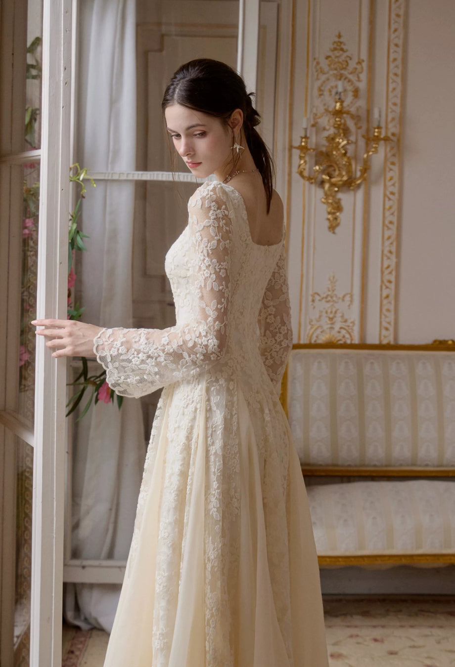 Austen Ivory Floral Lace Long-Sleeve Midi Dress, wedding ivory dress​
