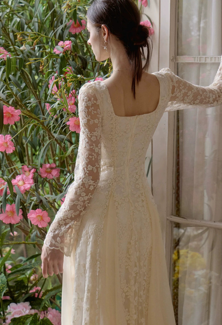 Austen Ivory Floral Lace Long-Sleeve Midi Dress, lace wedding dress, lace long sleeve wedding dress​