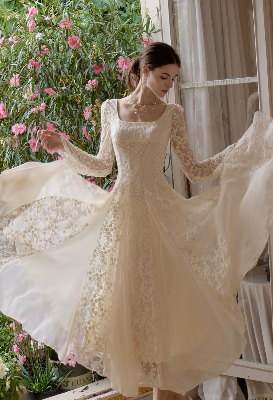 Austen Ivory Floral Lace Long-Sleeve Midi Dress, ivory color wedding dress​, ivory dress for wedding