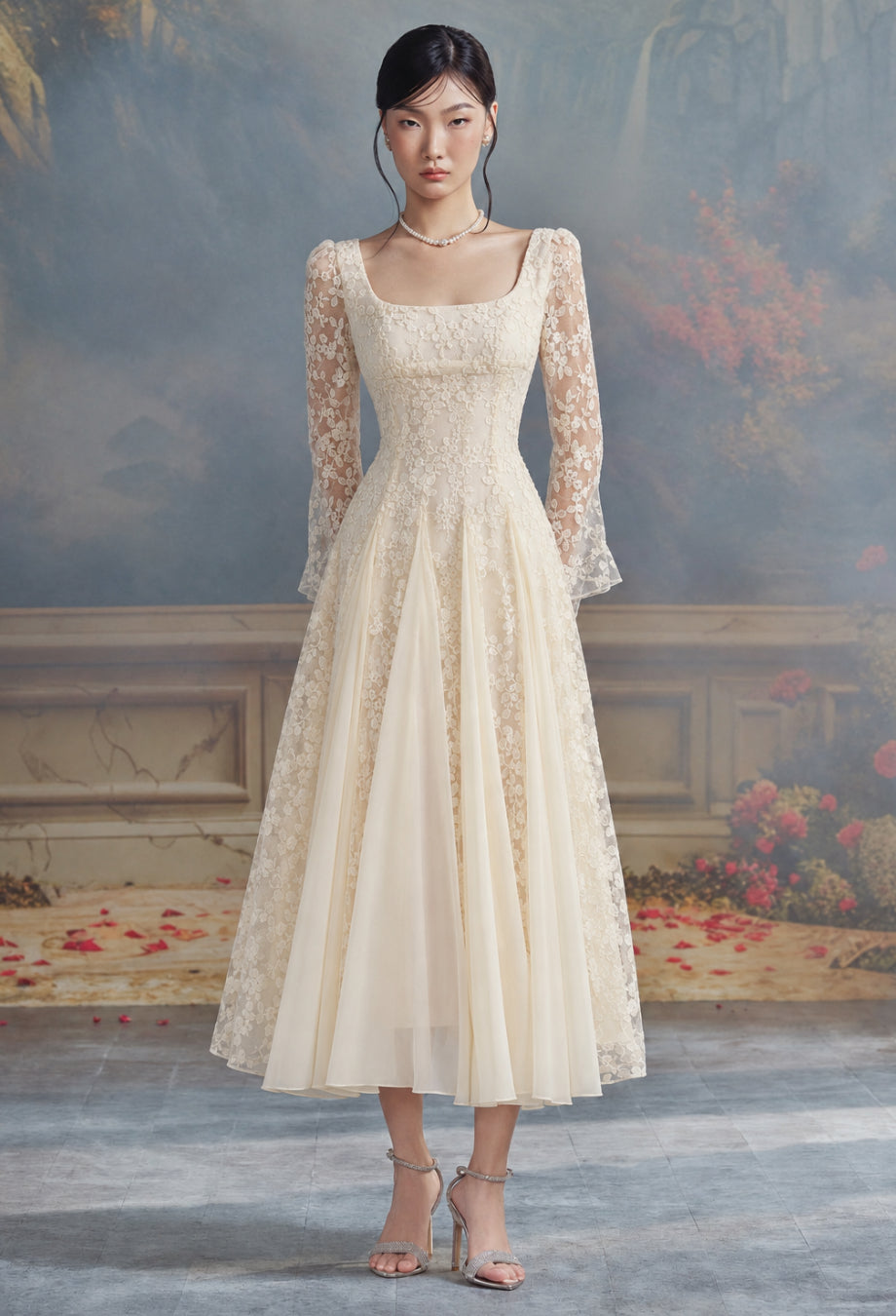 Austen Ivory Floral Lace Long-Sleeve Midi Dress, ivory lace wedding dress, wedding dress lace ivory