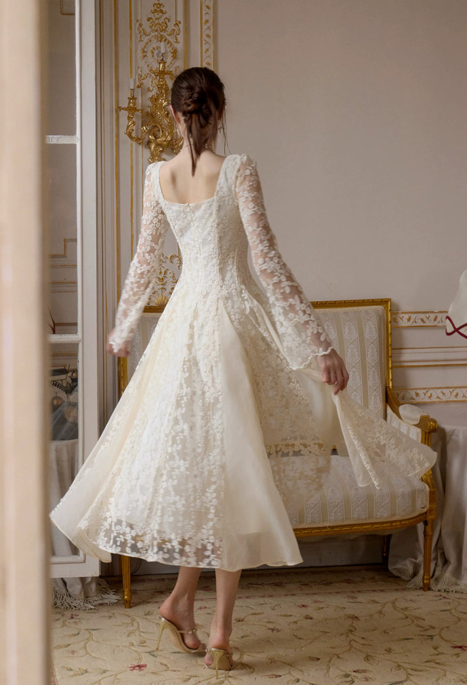 Austen Ivory Floral Lace Long-Sleeve Midi Dress, lace wedding dress, lace long sleeve wedding dress​