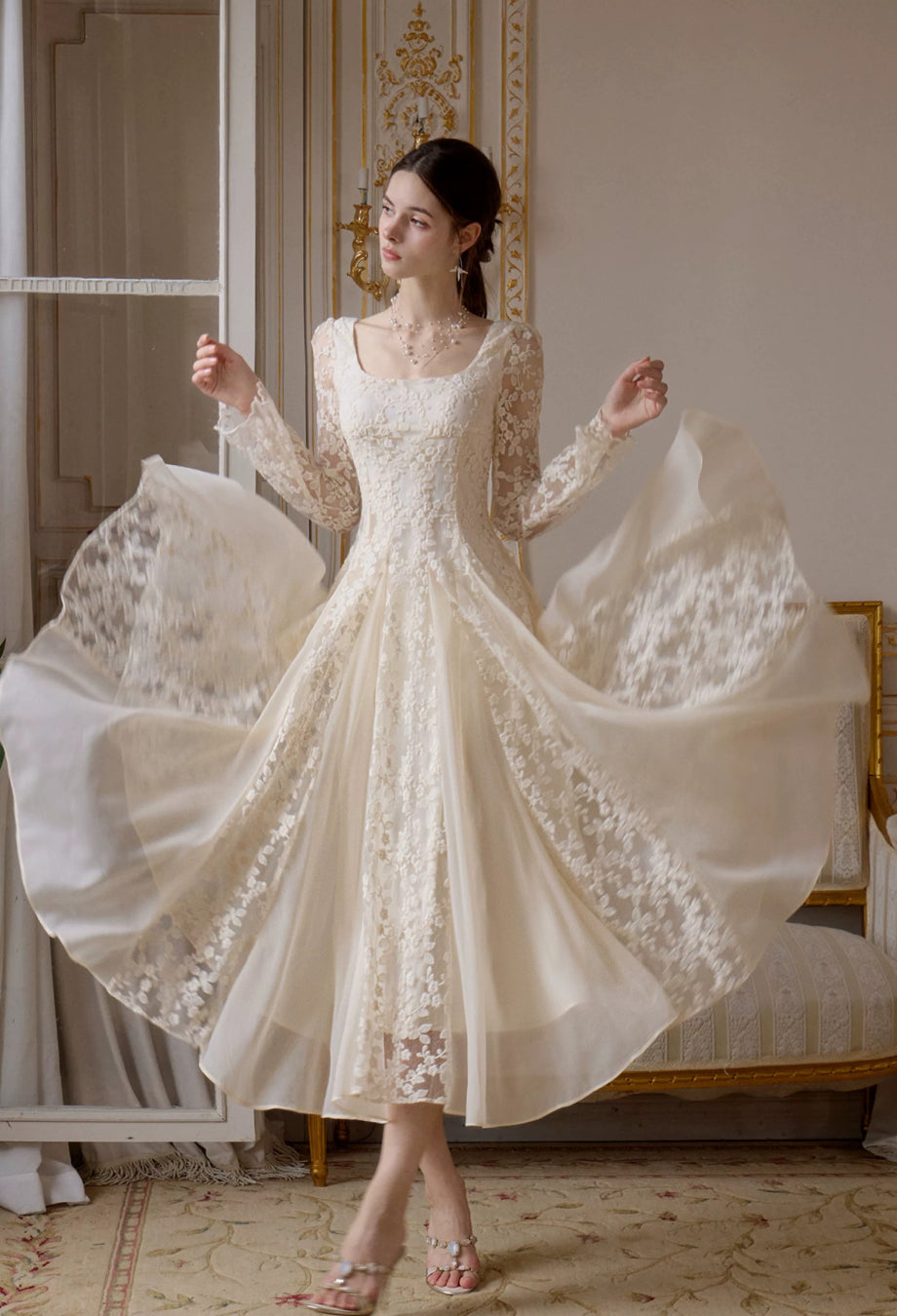Austen Ivory Floral Lace Long-Sleeve Midi Dress, ivory wedding dress lace, long sleeve lace wedding dress