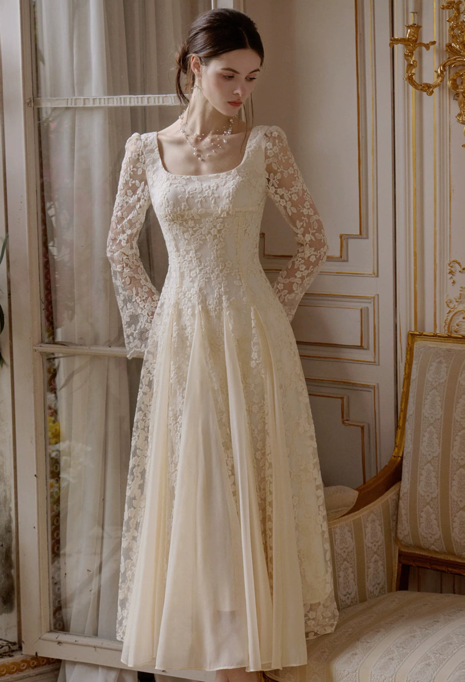 Austen Ivory Floral Lace Long-Sleeve Midi Dress, lace style wedding dress, lace wedding dress with sleeves