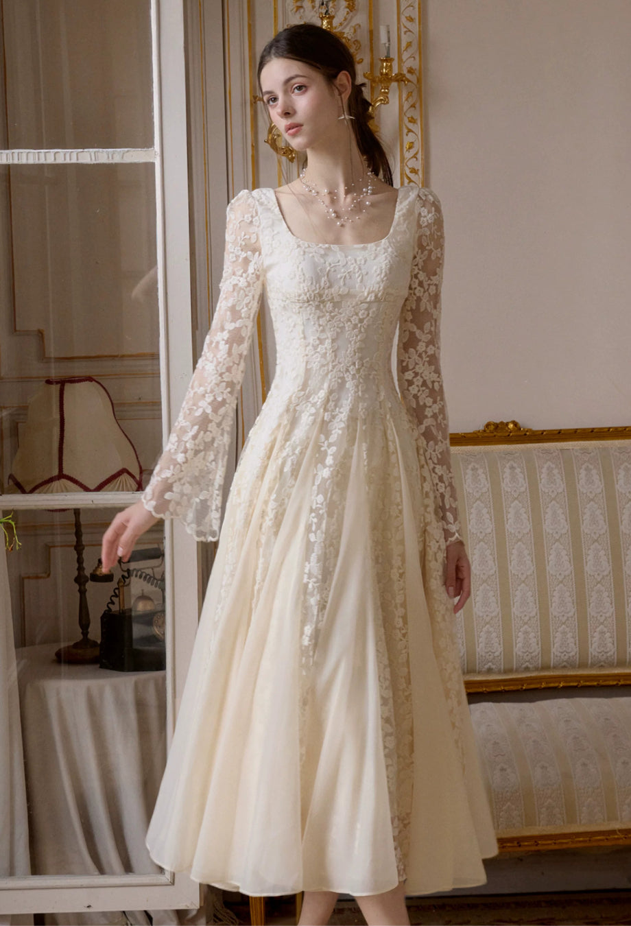 Austen Ivory Floral Lace Long-Sleeve Midi Dress, lace style wedding dress, lace wedding dress with sleeves