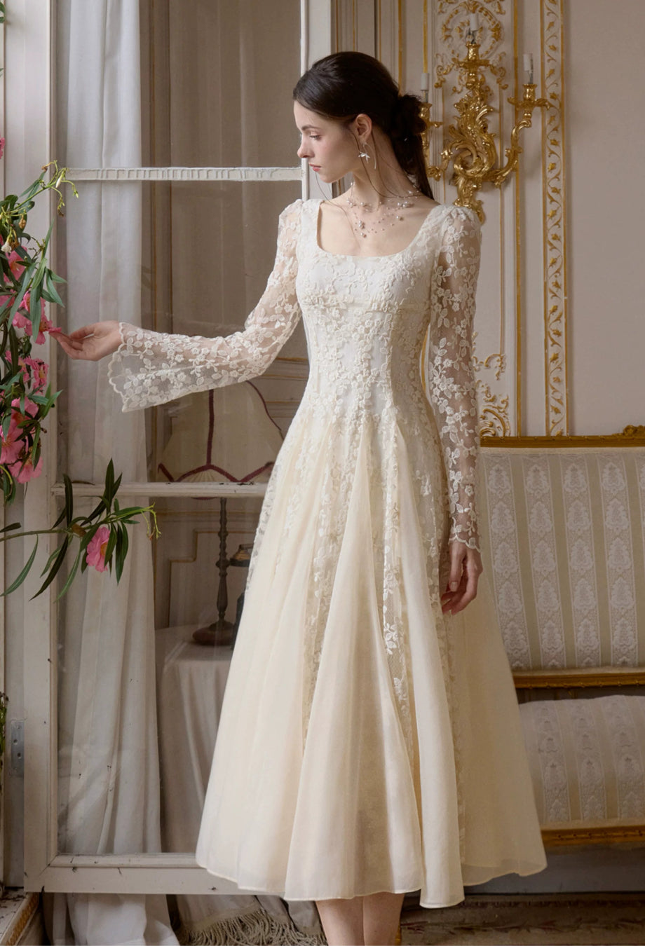 Austen Ivory Floral Lace Long-Sleeve Midi Dress, ivory wedding dress lace, long sleeve lace wedding dress