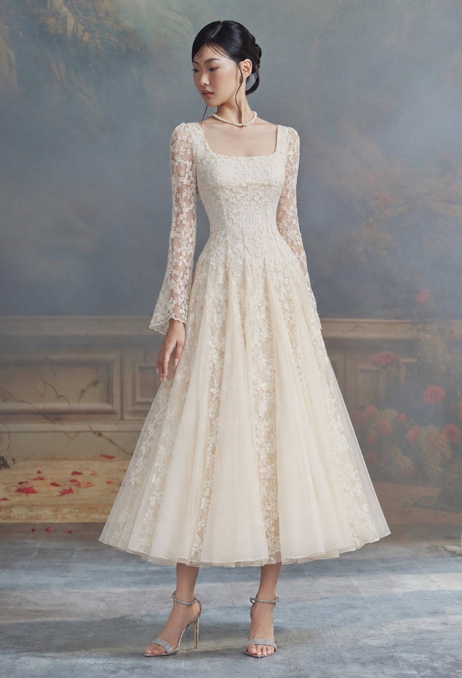 Austen Ivory Floral Lace Long-Sleeve Midi Dress, ivory lace wedding dress, wedding dress lace ivory