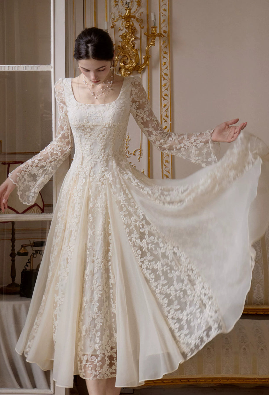 Austen Ivory Floral Lace Long-Sleeve Midi Dress, wedding ivory dress​