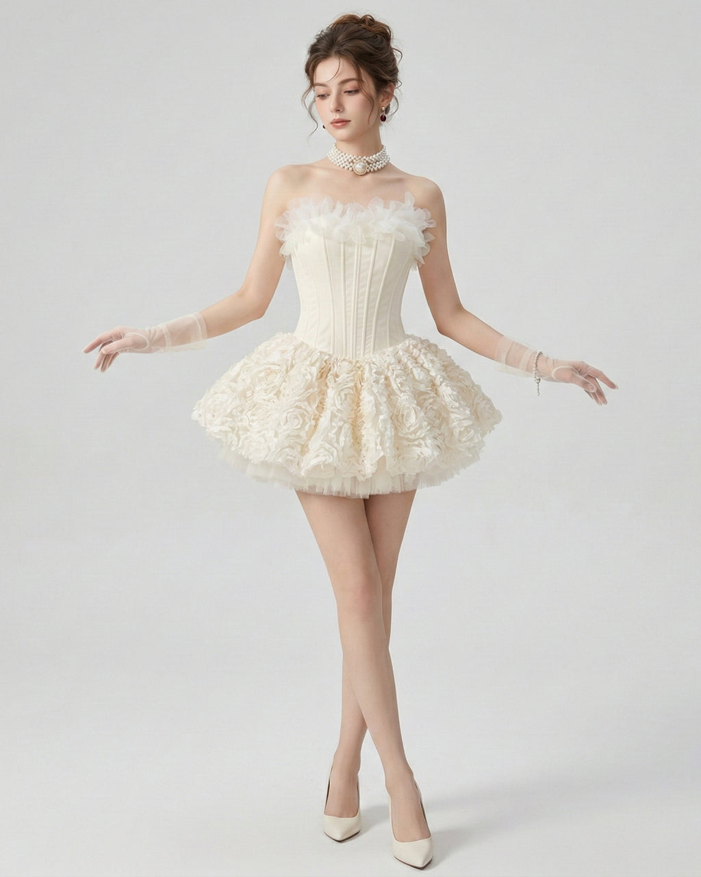 Aveta Ivory 3D Floral Mini Dress – Birthday Party Dress