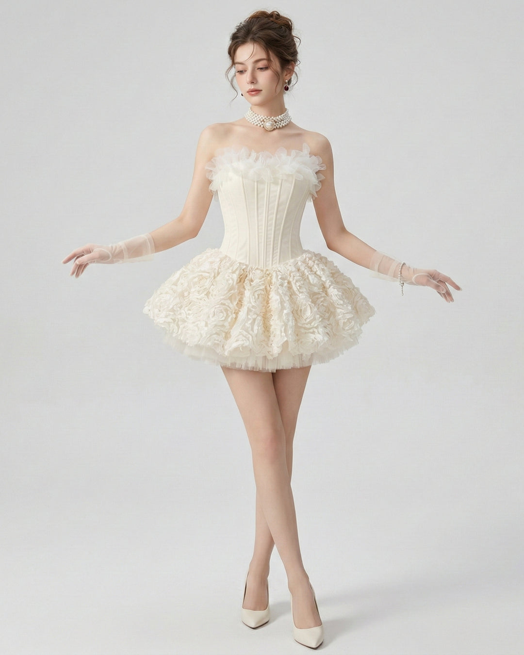 Aveta Ivory 3D Floral Mini Dress Birthday Party Dress Aveta Ivory 3D Floral Mini Dress Birthday Party Dress