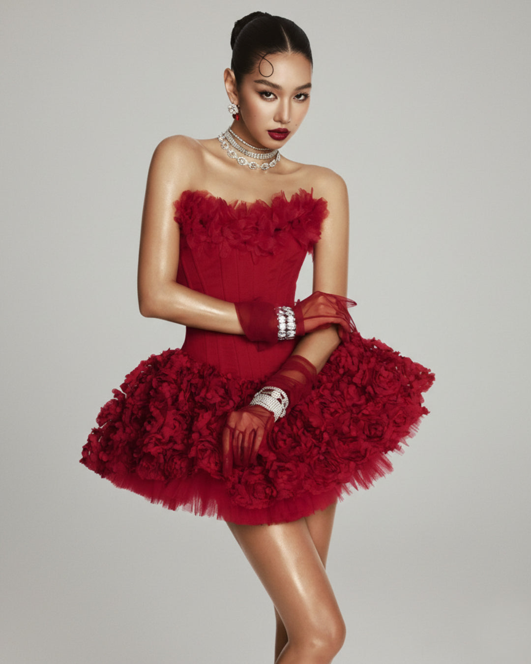 Aveta Red 3D Floral Mini Dress, red sexy birthday dress, sexy birthday dress for women​, dress short red​