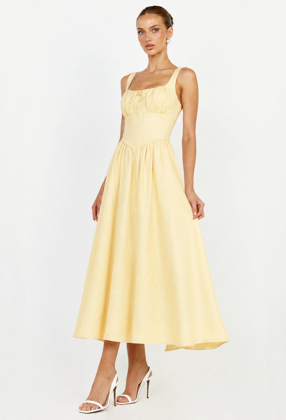 Balia Light Yellow Linen Midi Dress, linen midi dress​, fit and flare midi dress​, summer linen dress​