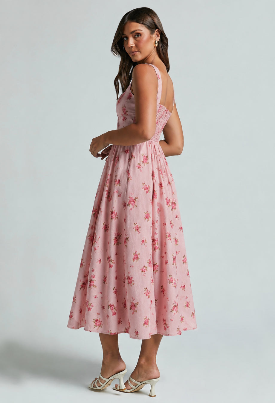Balia Linen Floral Print Midi Dress - Coral Pink