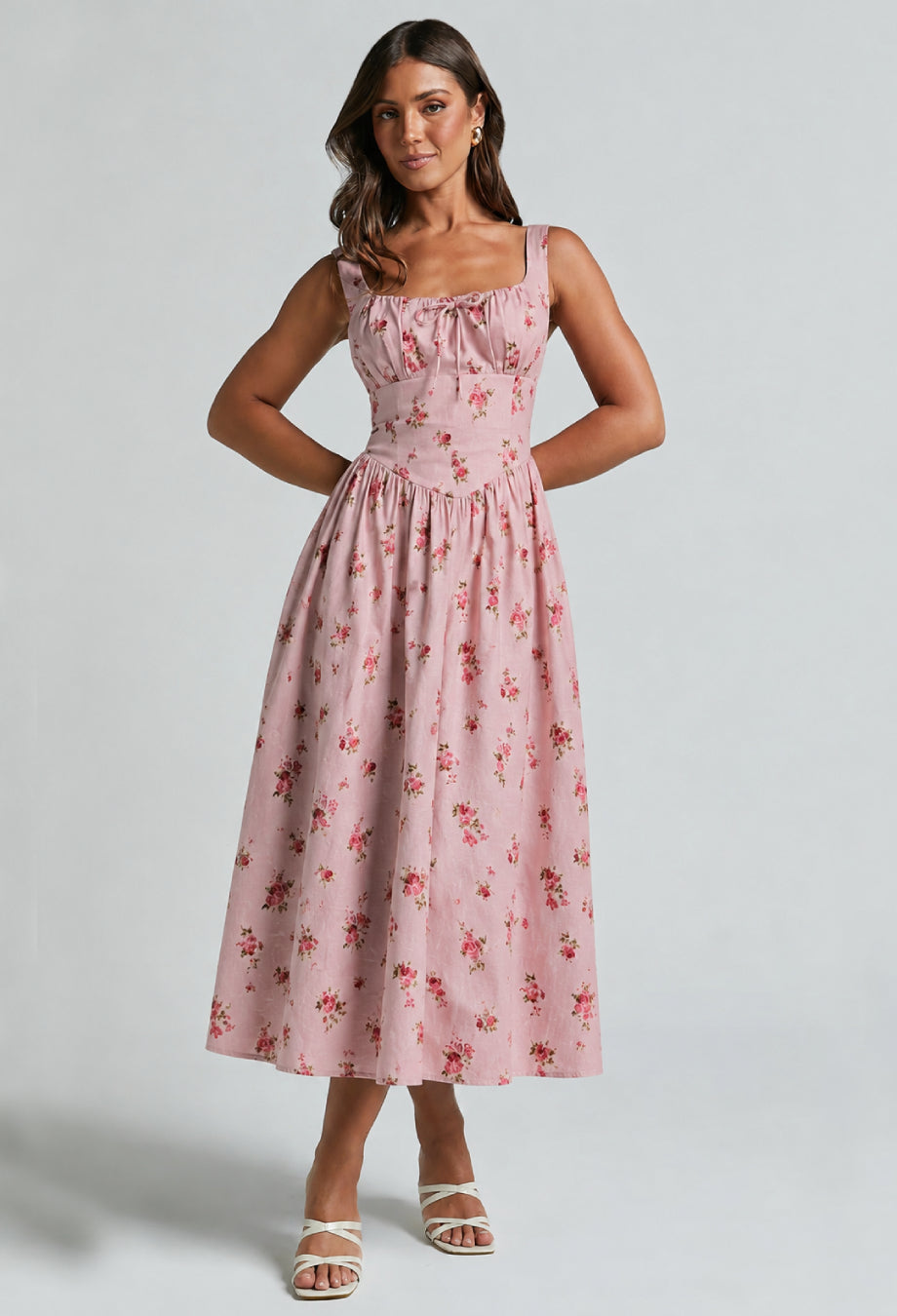 Balia Linen Floral Print Midi Dress - Coral Pink