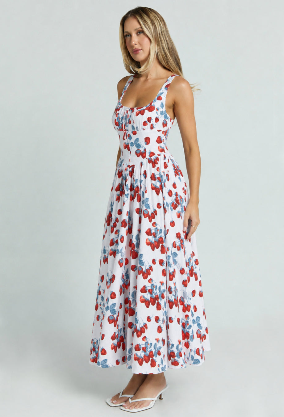 Balia Strawberry Print Linen Midi Dress, reformation linen dress, linen reformation dress