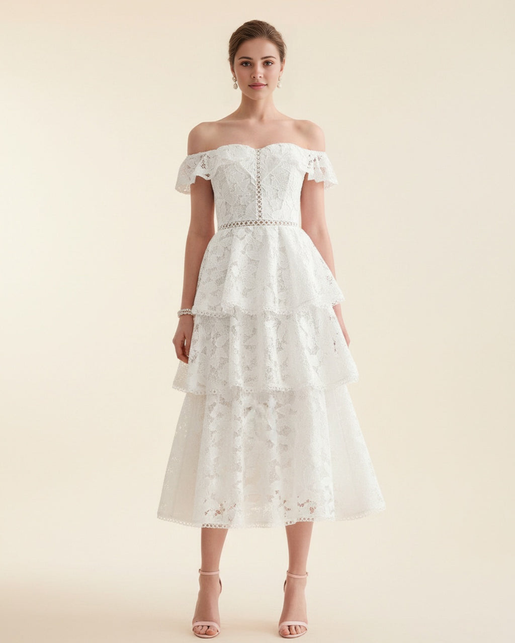 Bella White Lace Midi Dress, lace dress dress, lace wedding dress​, white lace dress, off the shoulder dress