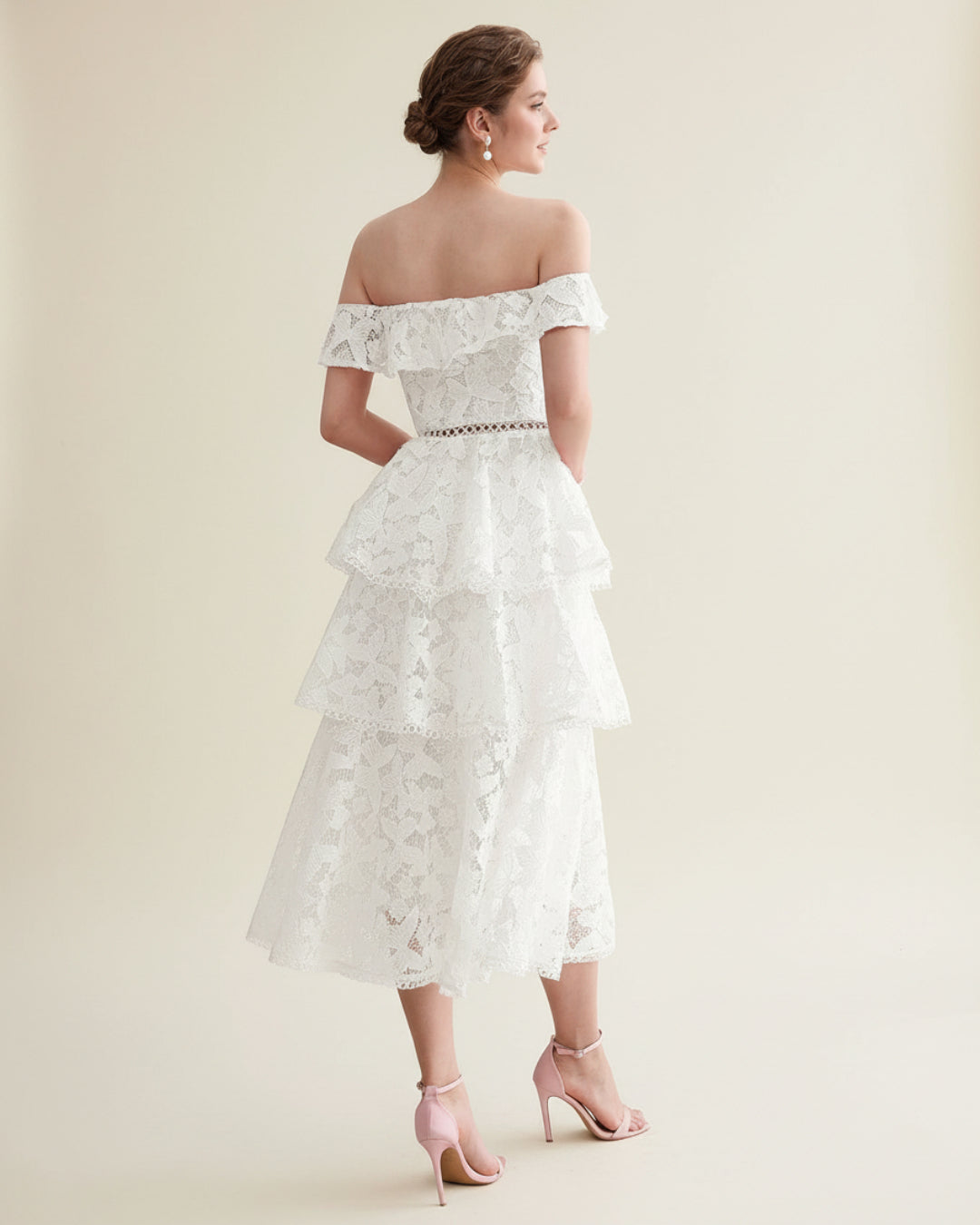 Bella White Lace Midi Dress, lace dress dress, lace wedding dress​, white lace dress, off the shoulder dress