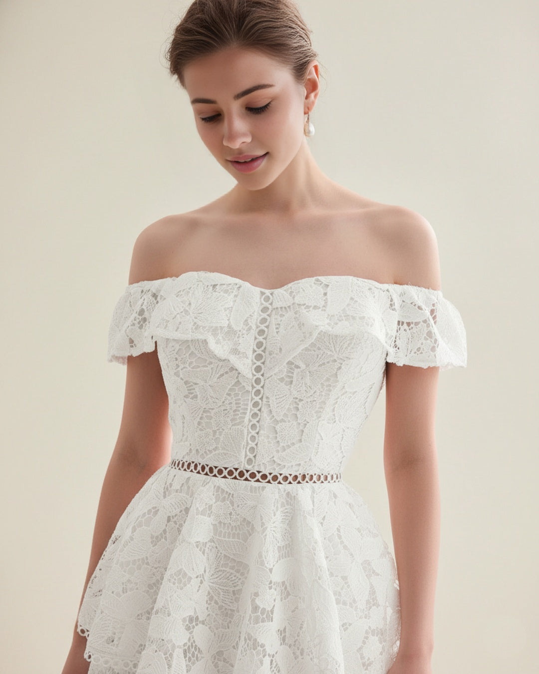 Bella White Lace Midi Dress, lace dress dress, lace wedding dress​, white lace dress, off the shoulder dress