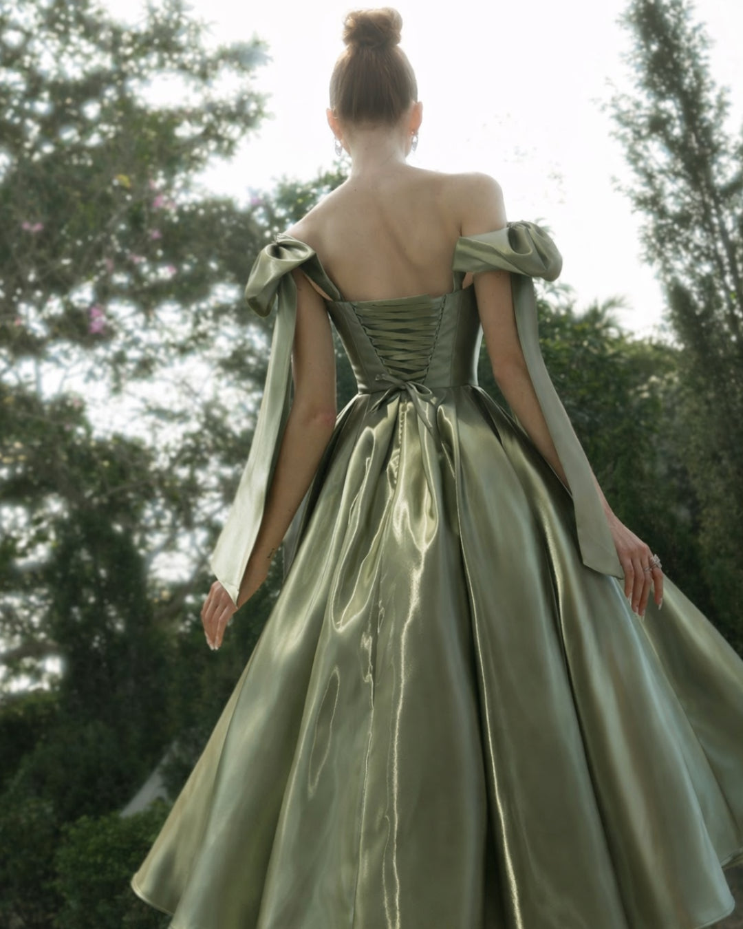 Bellina Sage Green Midi Dress with Detachable Bow, sage green prom dress​, sage green dress for wedding, sage green wedding dress