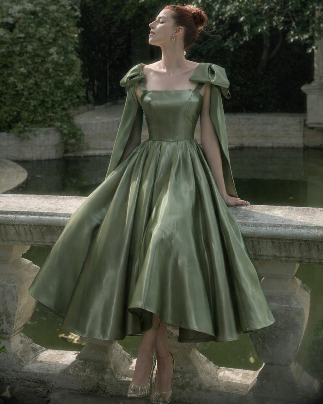 Bellina Sage Green Midi Dress with Detachable Bow, sage green dress, sage green bridesmaid dress, sage green formal dress