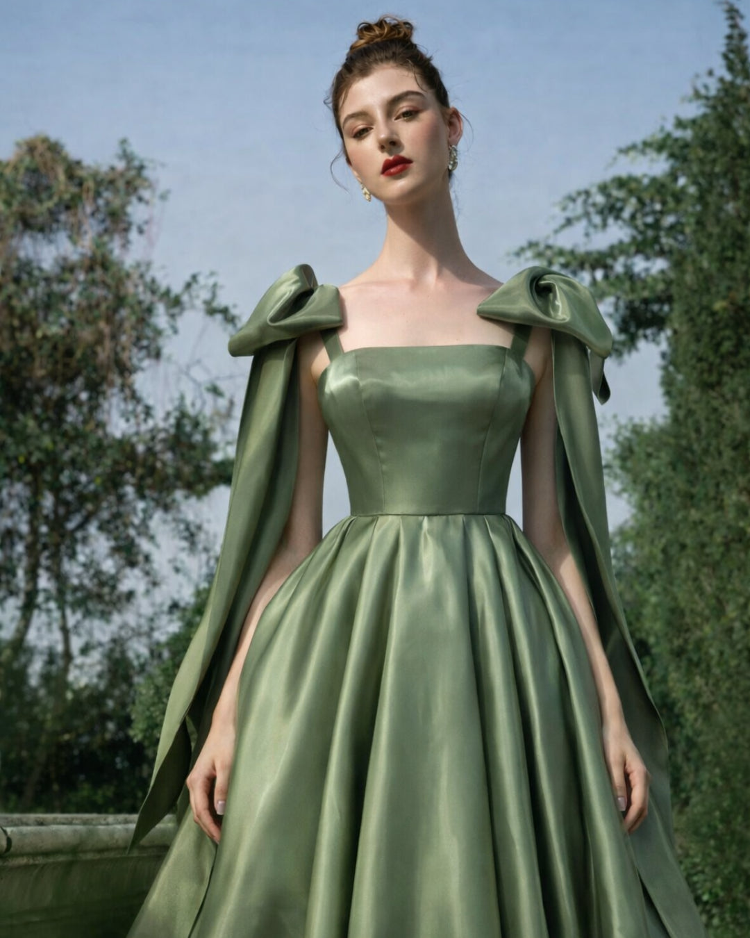 Bellina Sage Green Midi Dress with Detachable Bow, sage green prom dress​, sage green bridesmaid dress, sage green formal dress