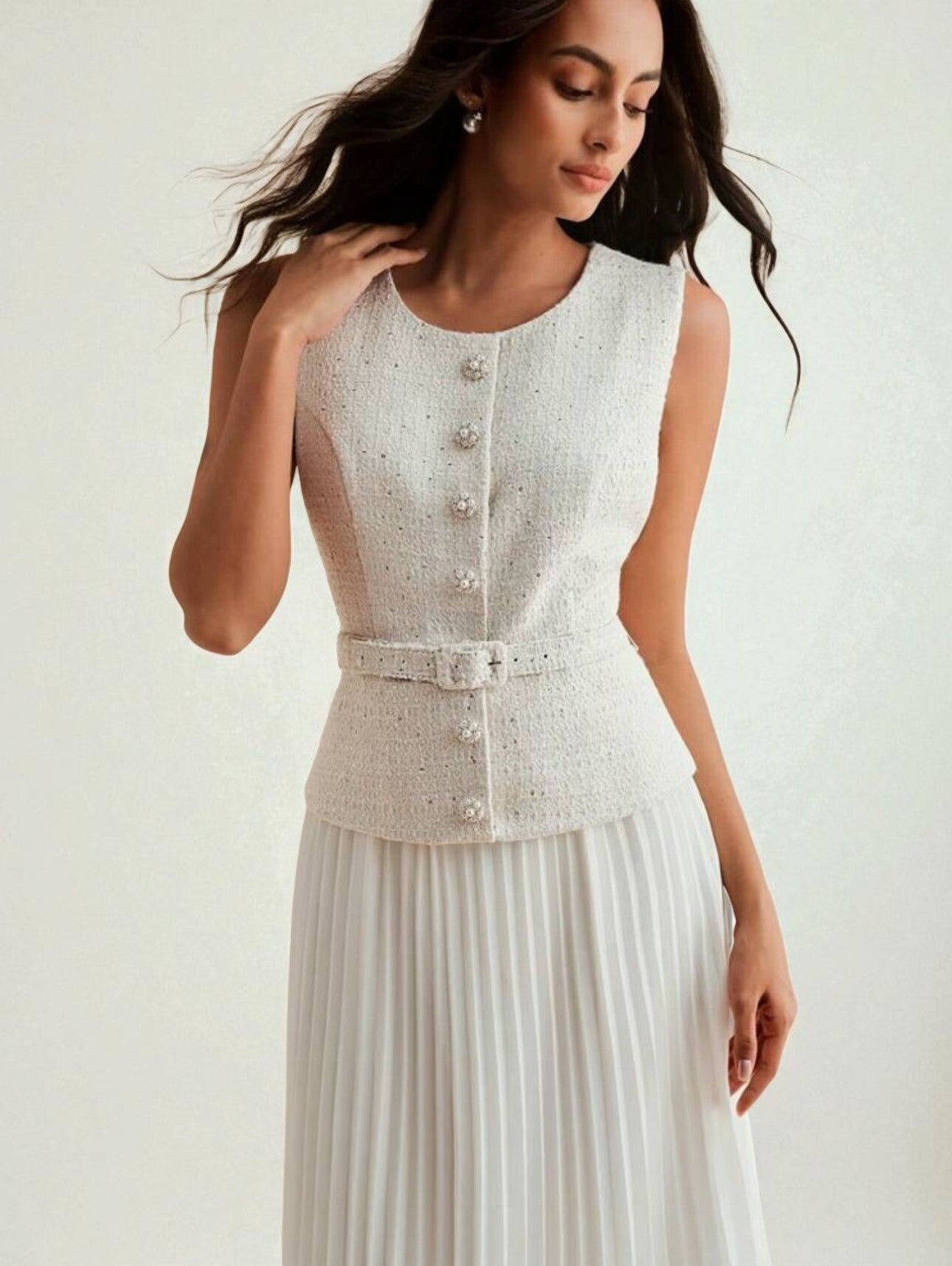 Belted Retro Patchwork Chiffon 2-in-1 Pleated Maxi Dress