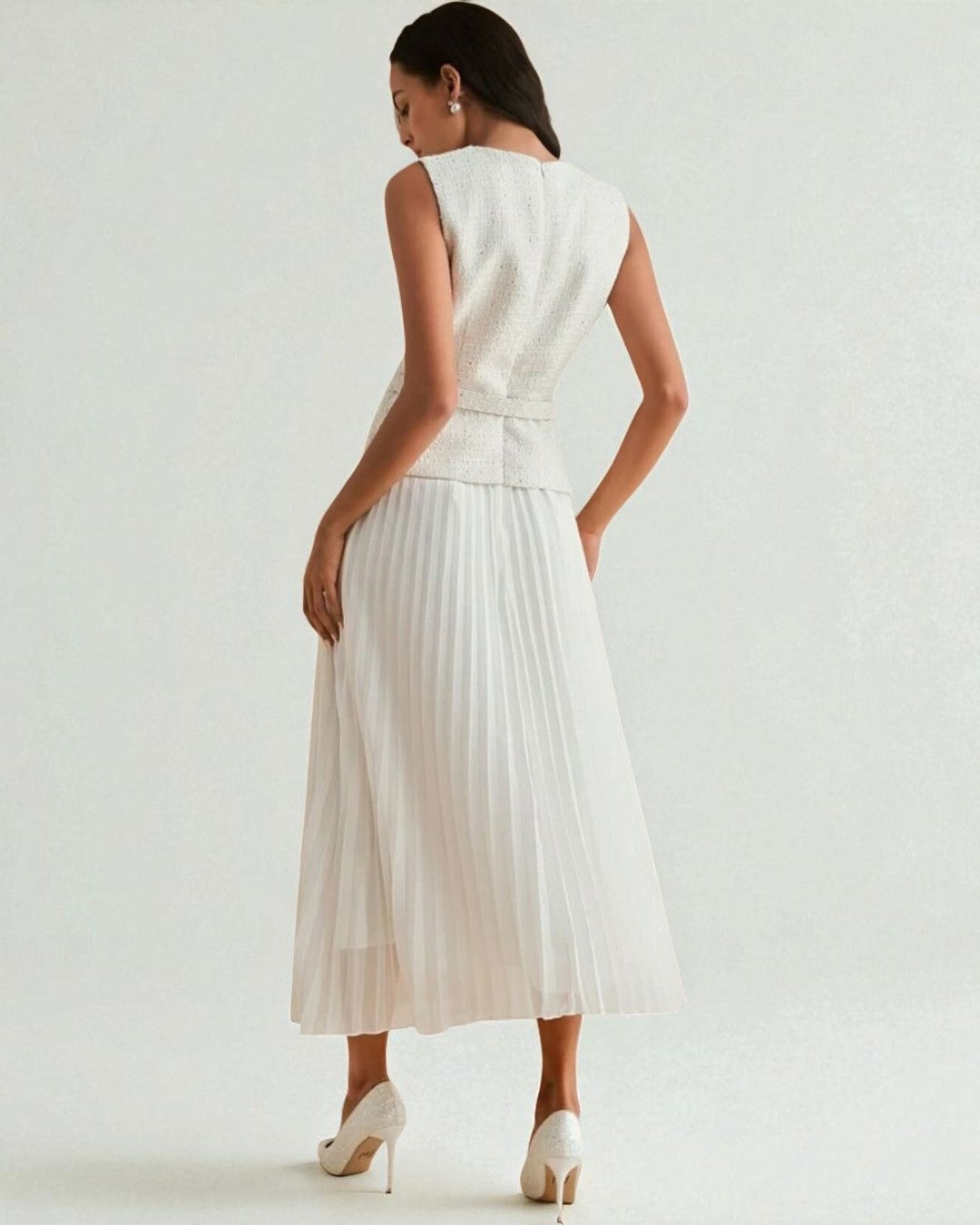 Belted Retro Patchwork Chiffon 2-in-1 Pleated Maxi Dress