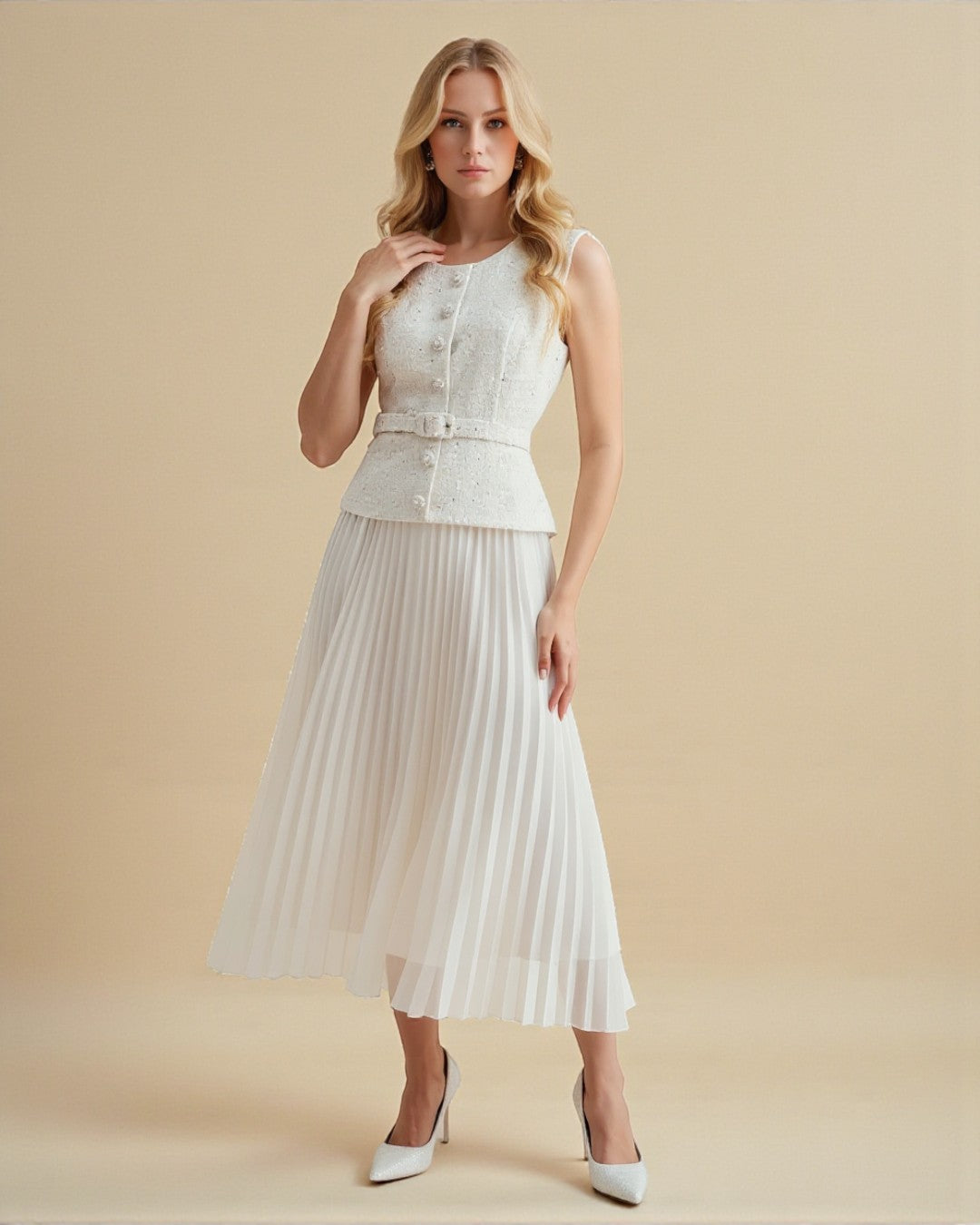 Belted Retro Patchwork Chiffon 2-in-1 Pleated Maxi Dress