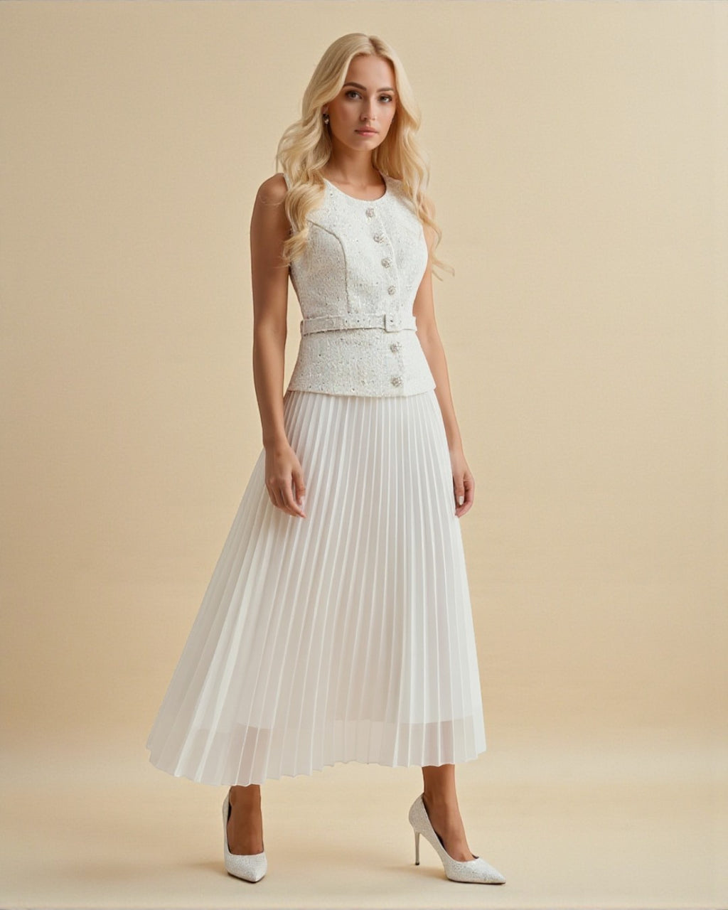 Belted Retro Patchwork Chiffon 2-in-1 Pleated Maxi Dress