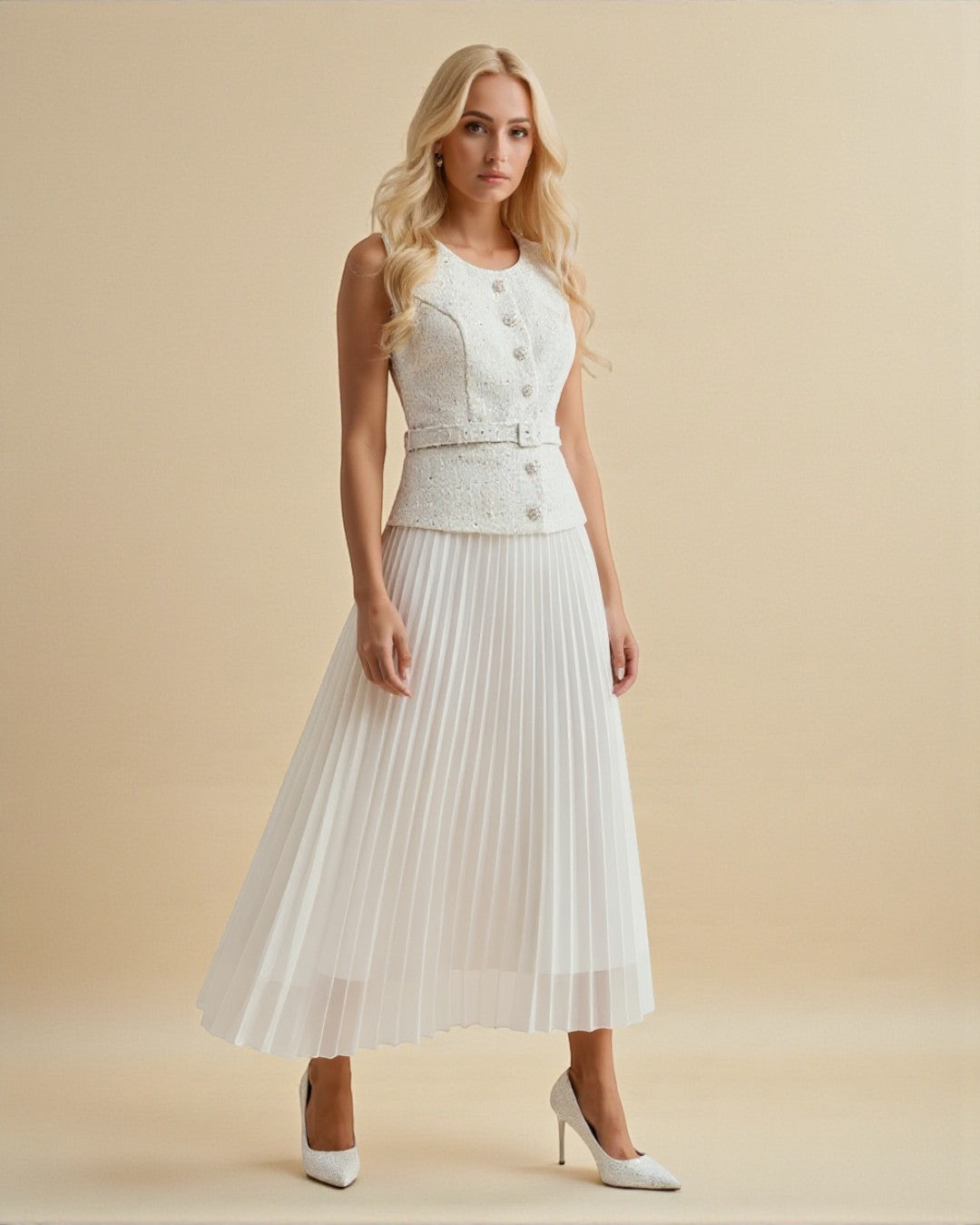 Belted Retro Patchwork Chiffon 2-in-1 Pleated Maxi Dress