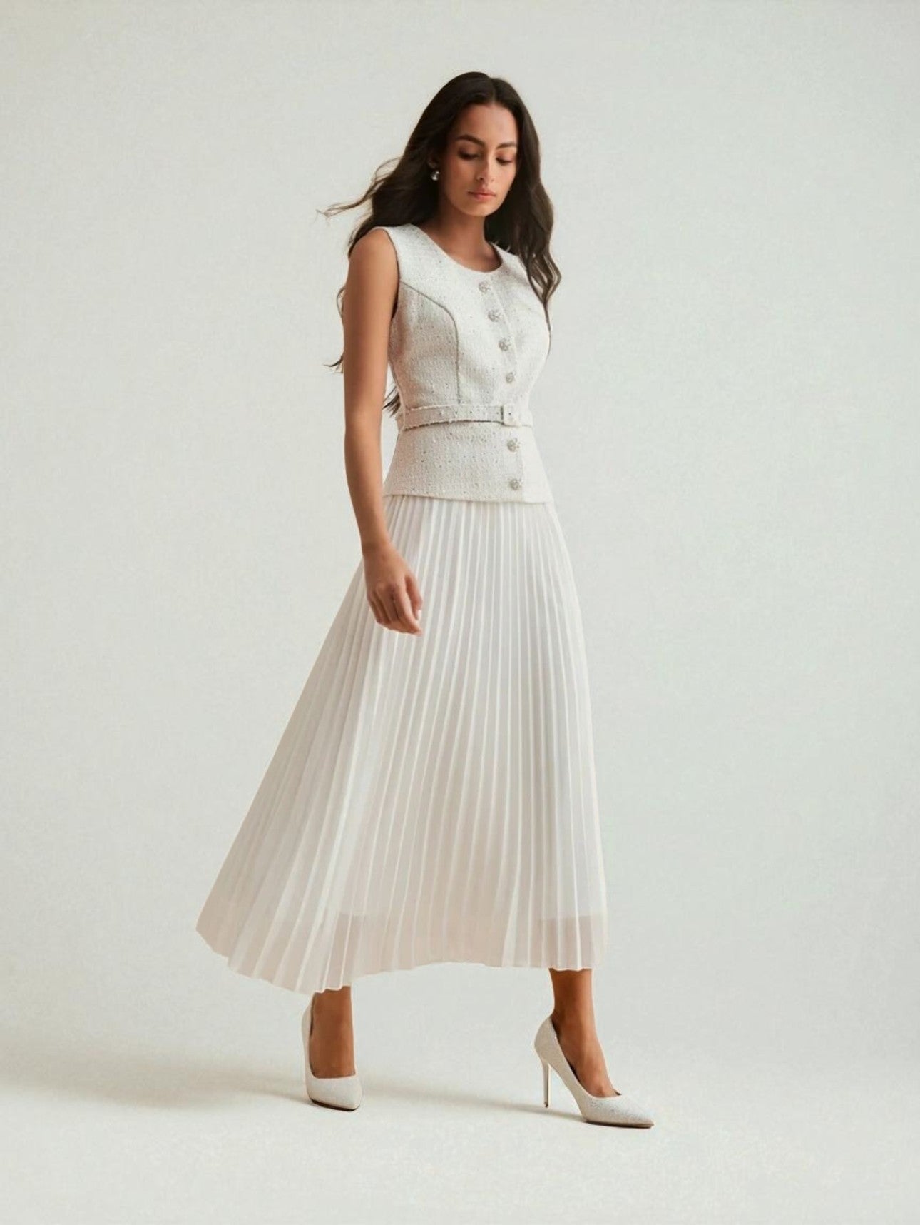 Belted Retro Patchwork Chiffon 2-in-1 Pleated Maxi Dress