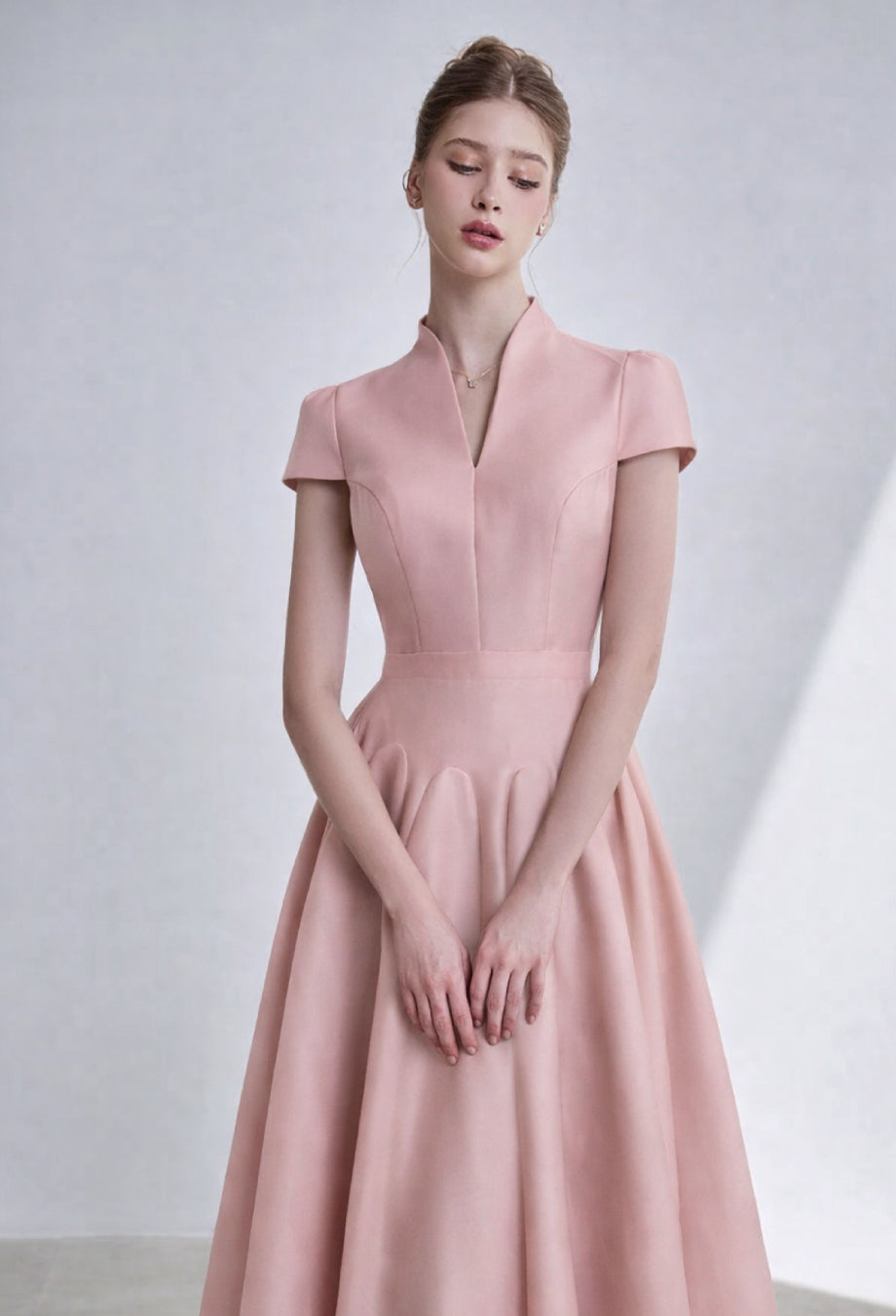 Betty dust pink summer garden wedding guest midi dress