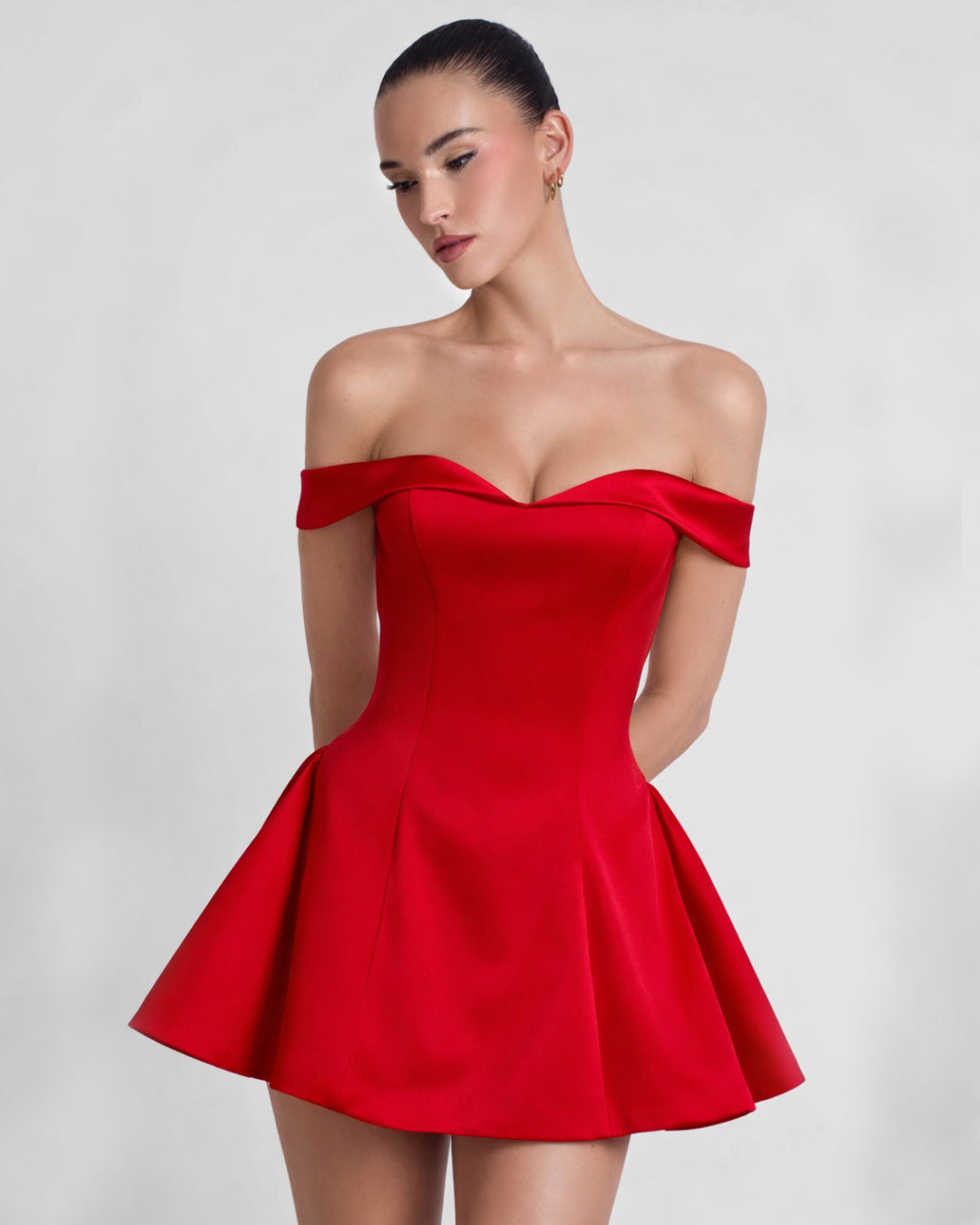 Briella Red Off-the-Shoulder Mini Dress, Babydoll Red Dress, red alo dress, structured bodice dress