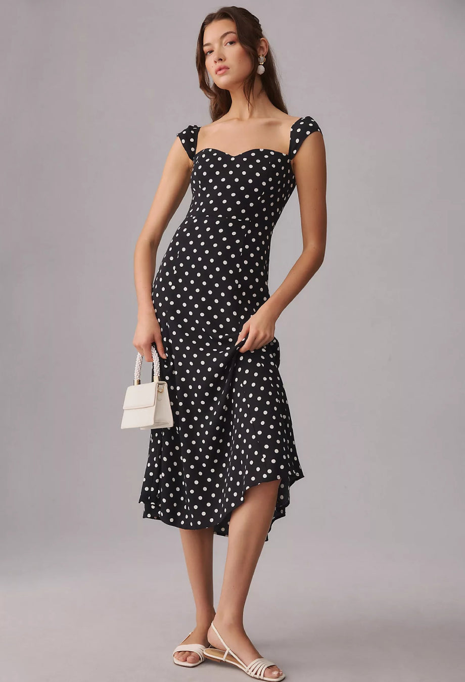 Bryson Black Polka Dot Sweetheart-Neck Midi Dress, reformation bryson polka dot midi-dress​, reformation polka dot dress