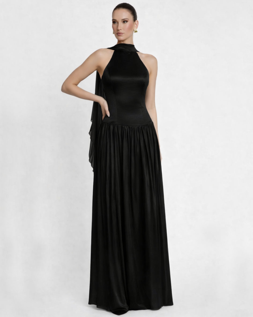 Calanthe Shawl Black Maxi Dress, shawl dress, dress with shawl​, shawl for formal dress