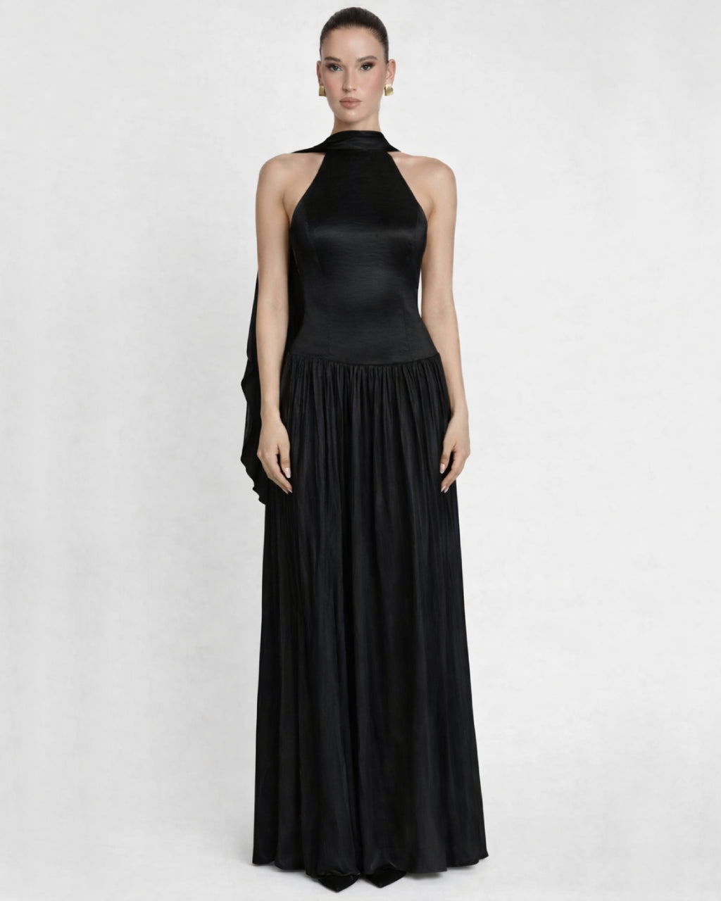 Calanthe Shawl Black Maxi Dress, black shawl for dress, dress with a shawl​, shawl black dress​