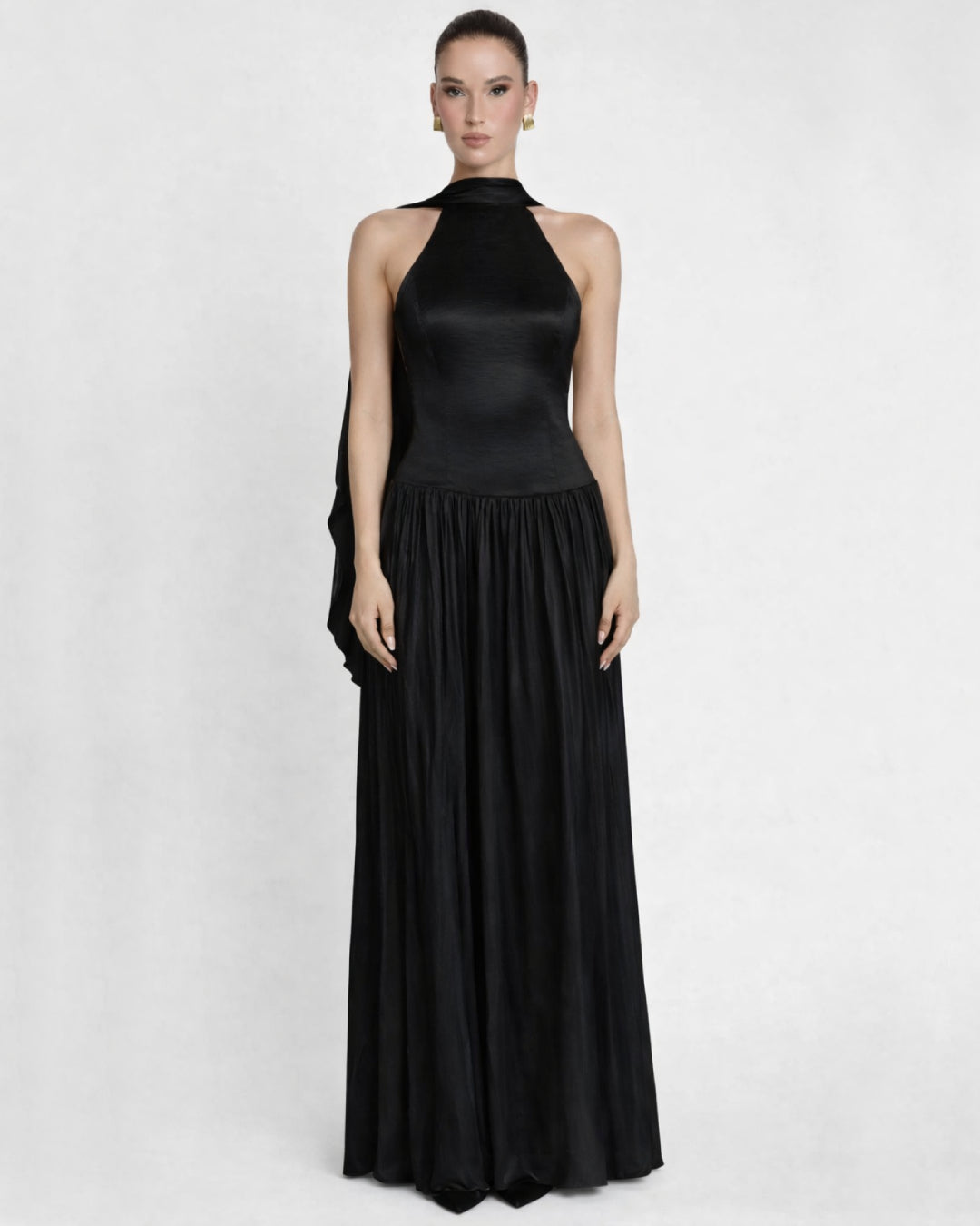 Calanthe Shawl Black Maxi Dress, black shawl for dress, dress with a shawl​, shawl black dress​