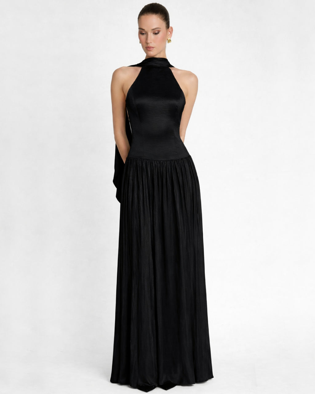 Calanthe Shawl Black Maxi Dress, black shawl for dress, dress with a shawl​, shawl black dress​