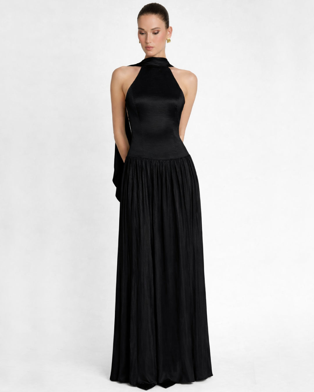 Calanthe Shawl Black Maxi Dress, black shawl for dress, dress with a shawl​, shawl black dress​