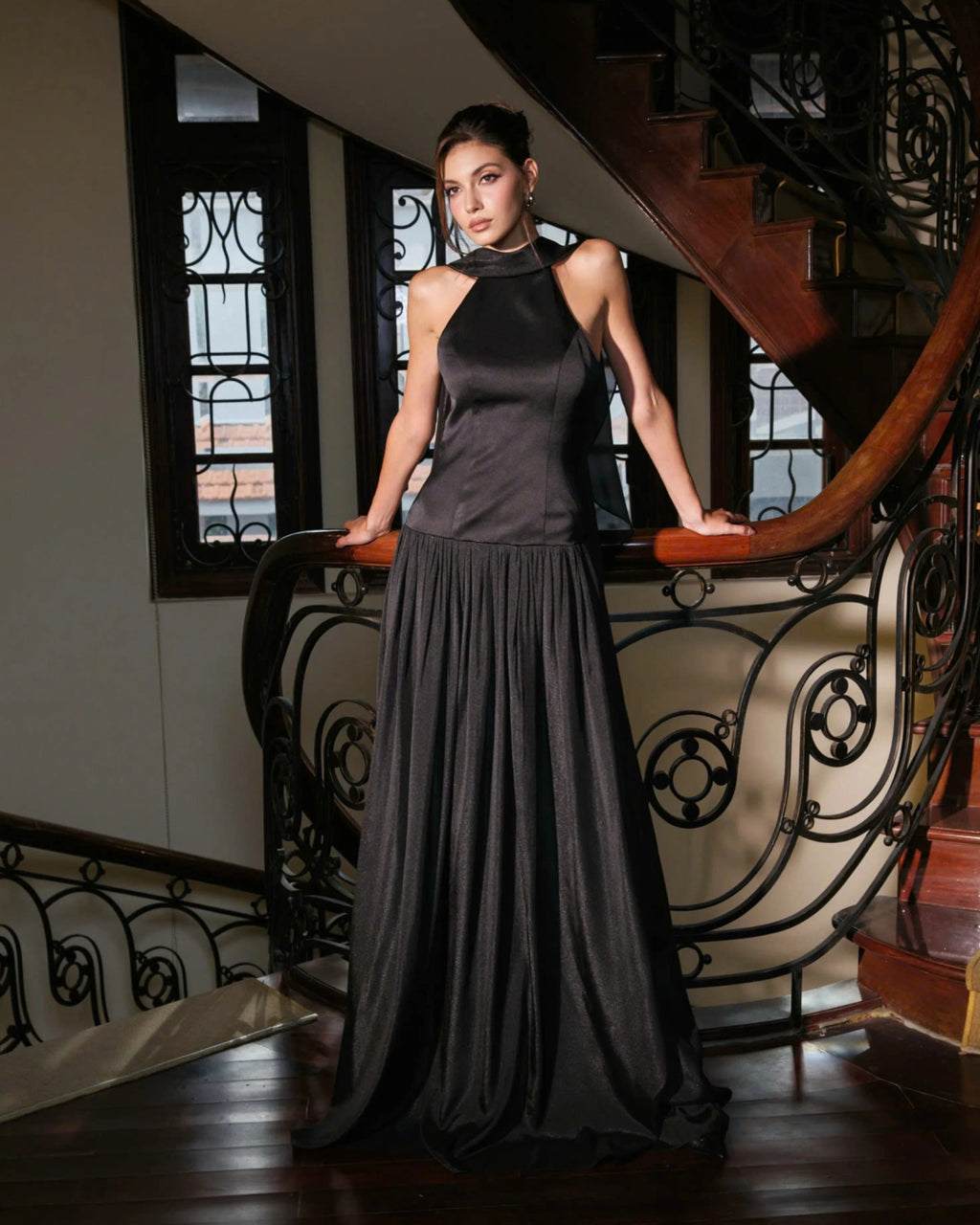 Calanthe Maxi Dress Black, Formal Black Shawl Dress, shawl black dress