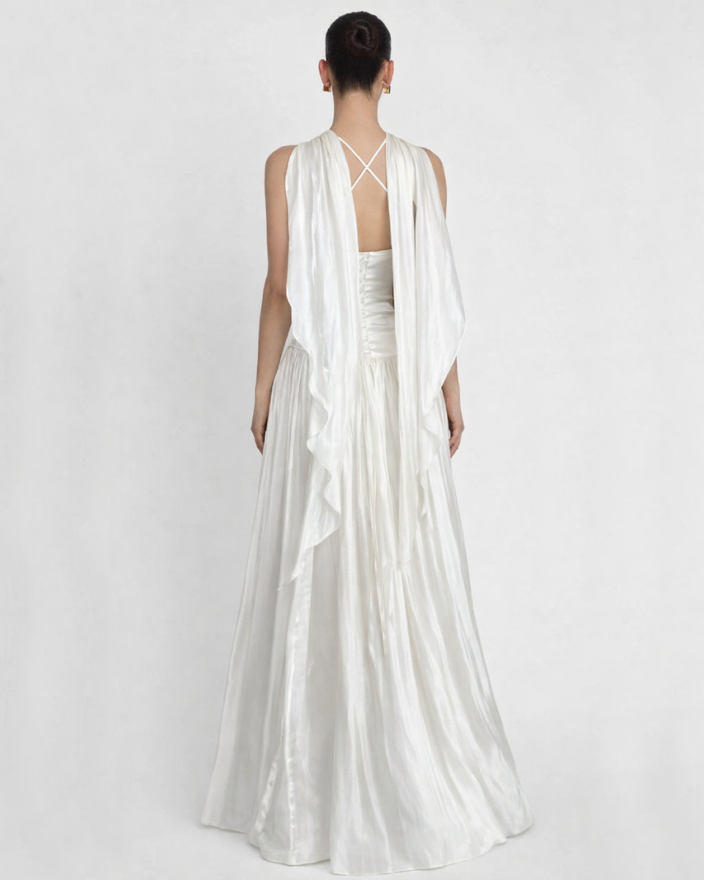 Calanthe Ivory Maxi Dress with Mesh Neck Scarf, black tie dress with scarf, scarf prom dress