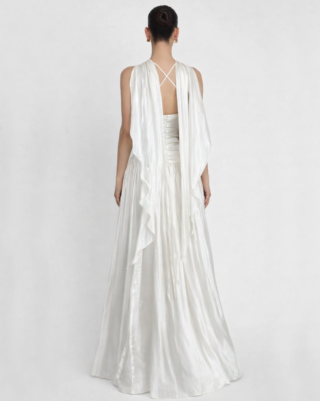 Calanthe Ivory Maxi Dress with Mesh Neck Scarf, black tie dress with scarf, scarf prom dress