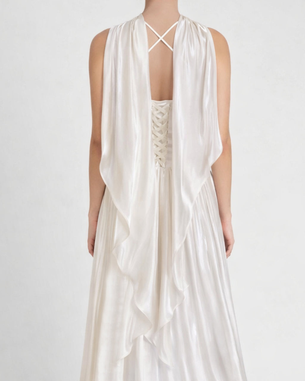 Calanthe Ivory Maxi Dress with Mesh Neck Scarf, black tie dress with scarf, cocktail dress with neck scarf