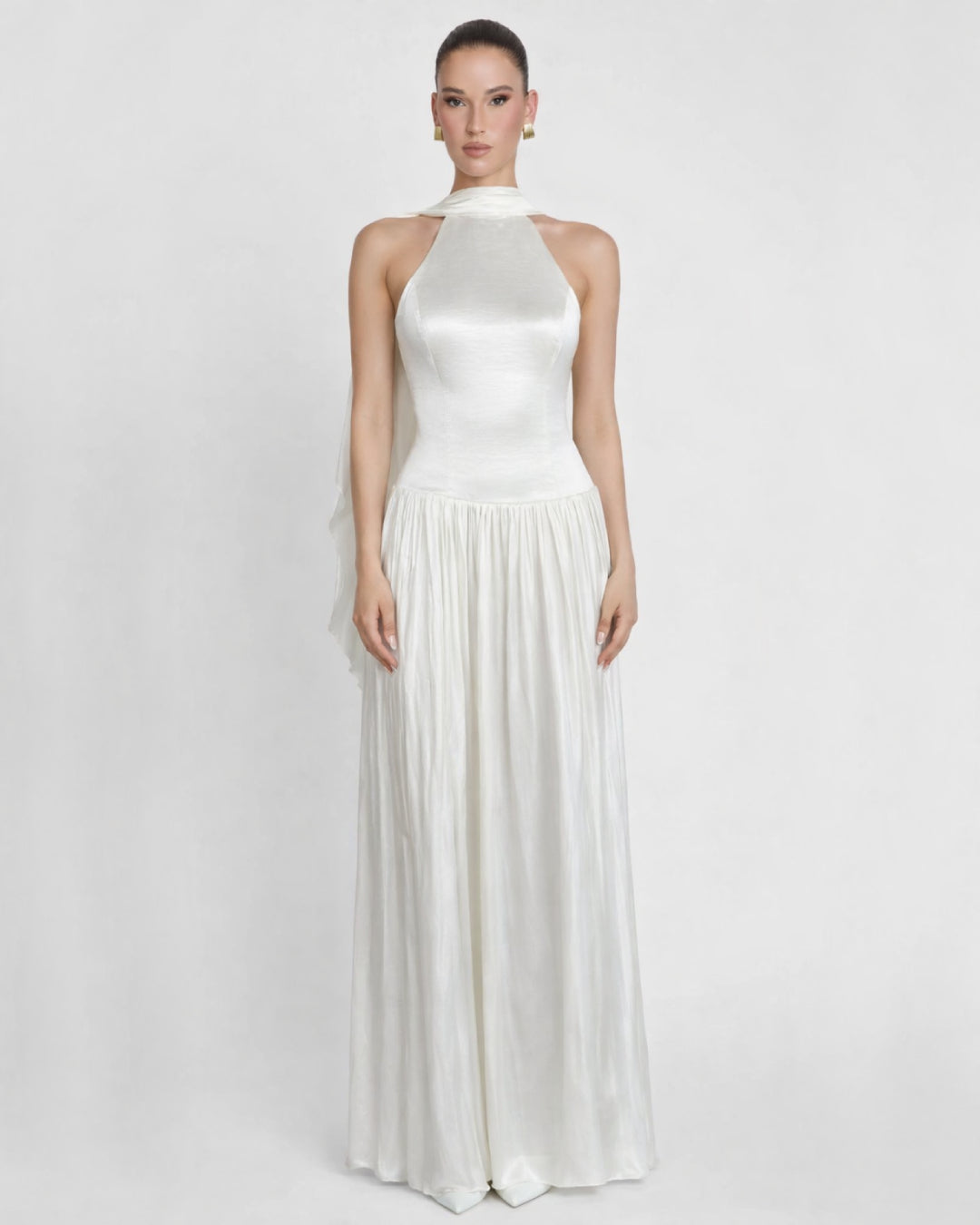 Calanthe Ivory Maxi Dress with Mesh Neck Scarf, white neck scarf, fashion nova scarf, scarf with formal dress