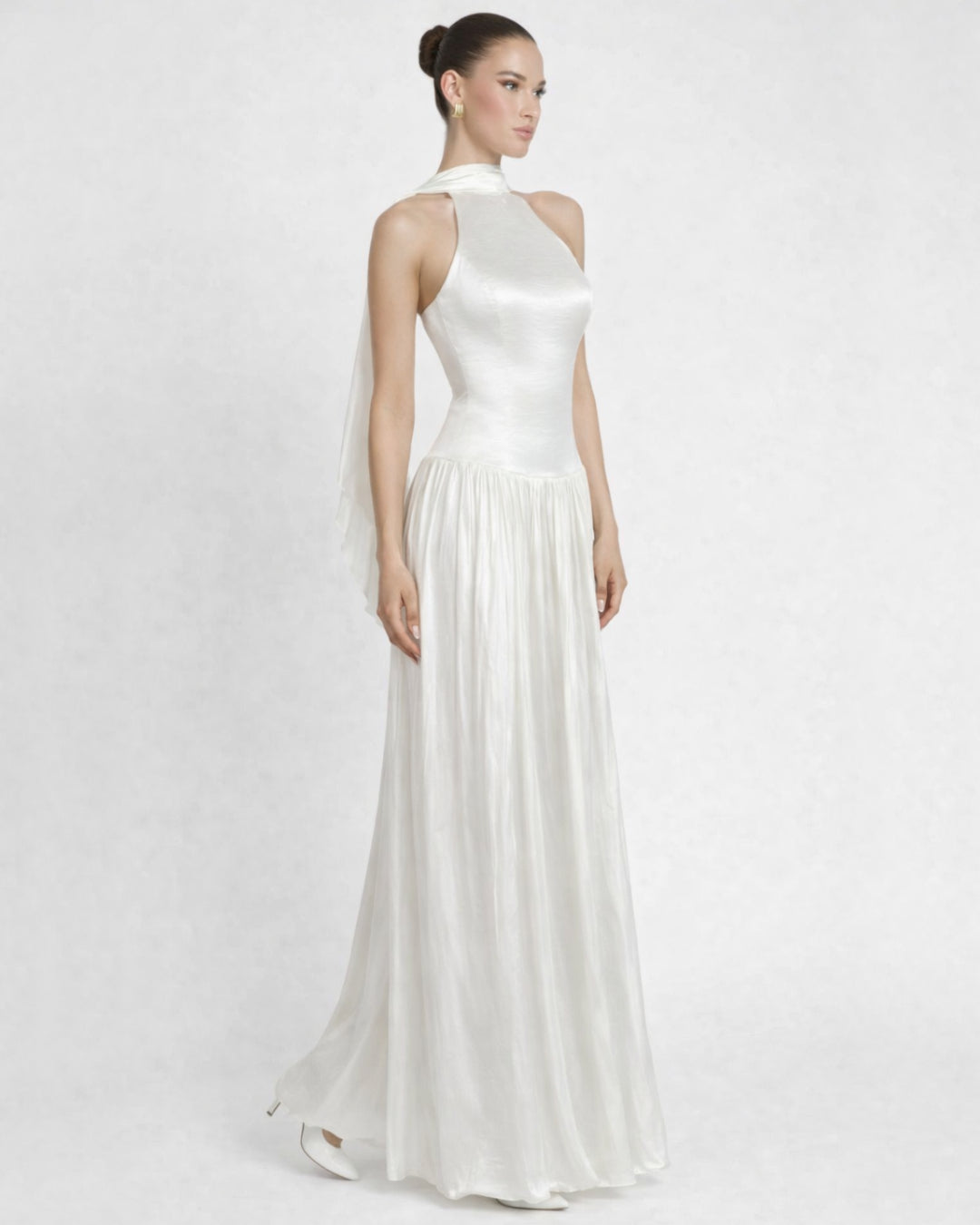 Calanthe Ivory Maxi Dress with Elegant Mesh Neck Scarf Detail L Calanthe Ivory Maxi Dress with Elegant Mesh Neck Scarf Detail L